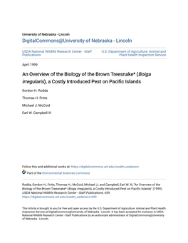 An Overview of the Biology of the Brown Treesnake* (Boiga Irregularis), a Costly Introduced Pest on Pacific Islands