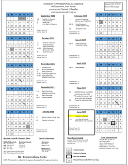 2021-2022 District Calendar S M T W TH F S S M T W TH F S September 2021 February 2022