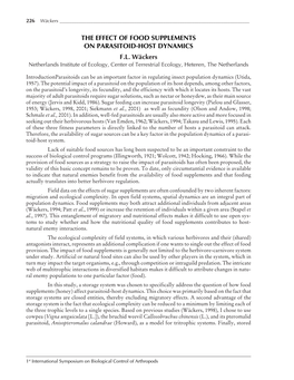 THE EFFECT of FOOD SUPPLEMENTS on PARASITOID-HOST DYNAMICS F.L. Wäckers Netherlands Institute of Ecology, Center of Terrestrial Ecology, Heteren, the Netherlands