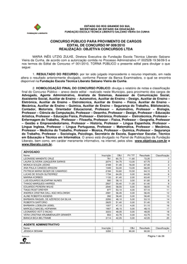 Concurso Público Para Provimento De Cargos Edital De Concurso Nº 009/2010 Realização: Objetiva Concursos Ltda