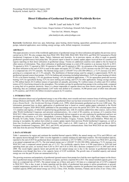 Direct Utilization of Geothermal Energy 2020 Worldwide Review