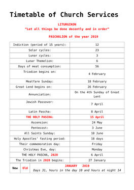 Timetable of Church Services