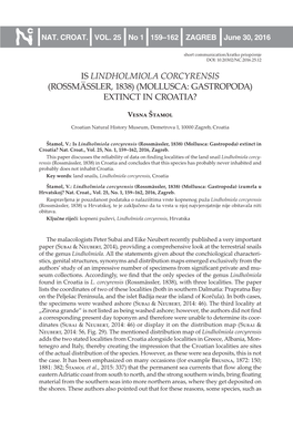 Is Lindholmiola Corcyrensis (Rossmässler, 1838) (Mollusca: Gastropoda) Extinct in Croatia?