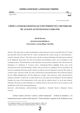 Critica Literară Românească Din Perspectiva Metodelor De Analiză Autocolonială (1840-1939)