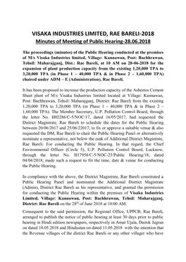 VISAKA INDUSTRIES LIMITED, RAE BARELI-2018 Minutes of Meeting of Public Hearing-28.06.2018