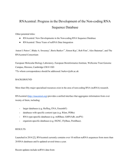 Rnacentral: Progress in the Development of the Non-Coding RNA Sequence Database