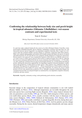 Odonata: Libellulidae): Wet-Season Contrasts and Experimental Tests