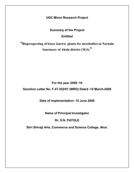 “Bioprospecting of Lesser Known Plants for Metabolites in Narnala Sanctuary of Akola District (M.S).