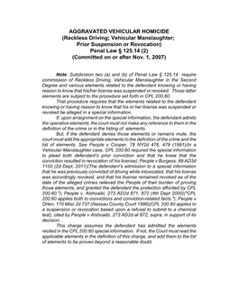 AGGRAVATED VEHICULAR HOMICIDE (Reckless Driving; Vehicular Manslaughter; Prior Suspension Or Revocation) Penal Law § 125.14 (2) (Committed on Or After Nov