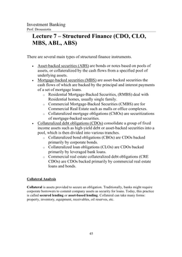 Lecture 7 – Structured Finance (CDO, CLO, MBS, ABL, ABS)