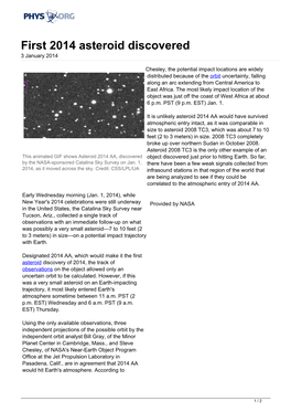 First 2014 Asteroid Discovered 3 January 2014