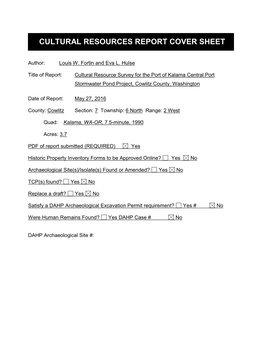 Cultural Resources Report Cover Sheet