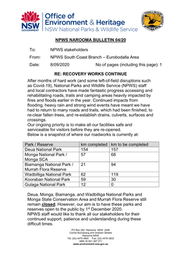 NPWS NAROOMA BULLETIN 04/20 To: NPWS Stakeholders From: NPWS South Coast Branch – Eurobodalla Area Date: 8/09/2020 No of Pages
