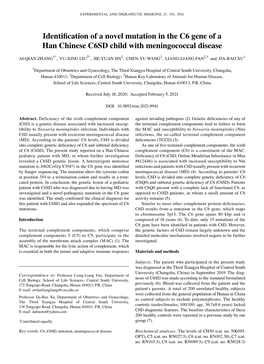 Identification of a Novel Mutation in the C6 Gene of a Han Chinese C6SD Child with Meningococcal Disease