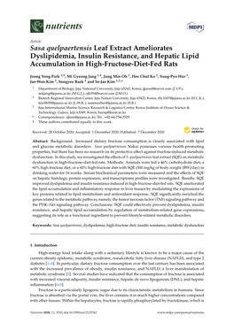 Sasa Quelpaertensis Leaf Extract Ameliorates Dyslipidemia, Insulin Resistance, and Hepatic Lipid Accumulation in High-Fructose-Diet-Fed Rats