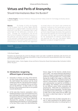 Virtues and Perils of Anonymity Virtues and Perils of Anonymity Should Intermediaries Bear the Burden? by Nicolo Zingales,* Assistant Professor, Tilburg Law School