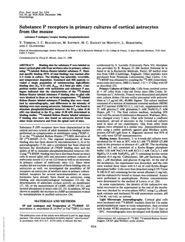 Substance P Receptors in Primary Cultures of Cortical Astrocytes from the Mouse (Substance P Analogues/Receptor Binding/Phosphatidylinositol) Y