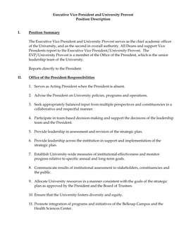 Executive Vice President and University Provost Position Description