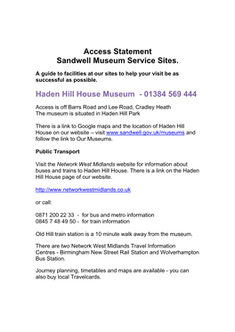Access Statement Sandwell Museum Service Sites. Haden Hill House