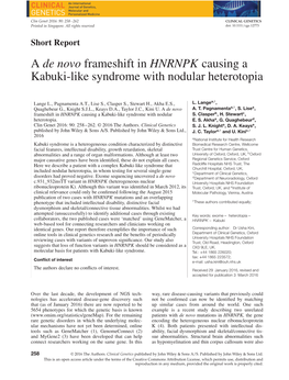 A De Novo Frameshift in HNRNPK Causing a Kabuki-Like Syndrome with Nodular Heterotopia