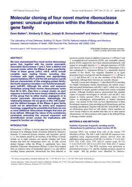 Molecular Cloning of Four Novel Murine Ribonuclease Genes: Unusual Expansion Within the Ribonuclease a Gene Family Dean Batten+, Kimberly D