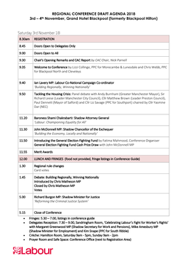 REGIONAL CONFERENCE DRAFT AGENDA 2018 3Rd – 4Th November, Grand Hotel Blackpool (Formerly Blackpool Hilton)