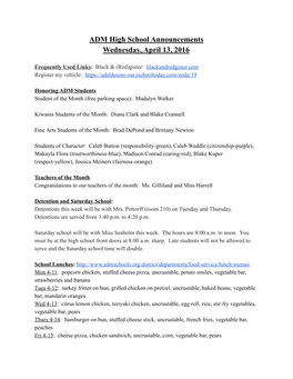 ADM High School Announcements Wednesday, April 13, 2016
