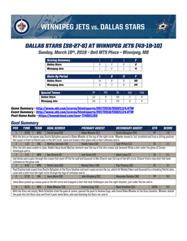 Dallas Stars (38-27-8) at Winnipeg Jets (43-19-10) Sunday, March 18Th, 2018 – Bell MTS Place – Winnipeg, MB