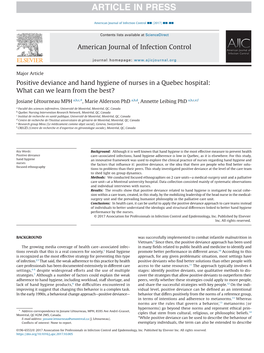 Positive Deviance and Hand Hygiene of Nurses in a Quebec Hospital: What Can We Learn from the Best?