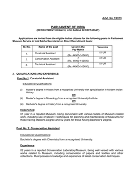 Parliament of India (Recruitment Branch, Lok Sabha Secretariat)