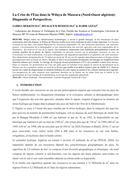 La Crise De L'eau Dans La Wilaya De Mascara (Nord-Ouest Algérien): Diagnostic Et Perspectives