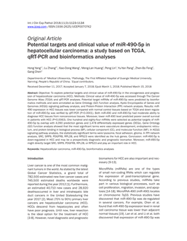 Original Article Potential Targets and Clinical Value of Mir-490-5P in Hepatocellular Carcinoma: a Study Based on TCGA, Qrt-PCR and Bioinformatics Analyses