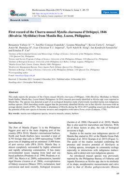 First Record of the Charru Mussel Mytella Charruana D'orbignyi, 1846