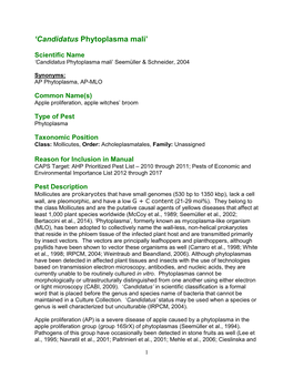 'Candidatus Phytoplasma Mali' in Plum Decline in Tunisia