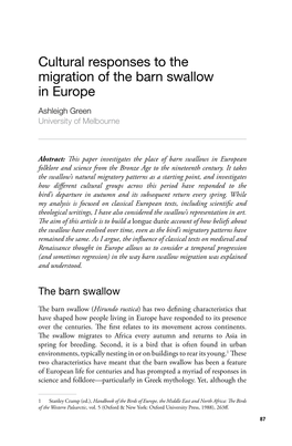 Cultural Responses to the Migration of the Barn Swallow in Europe Ashleigh Green University of Melbourne