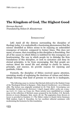 The Kingdom of God, the Highest Good Herman Bavinck Translated by Nelson D