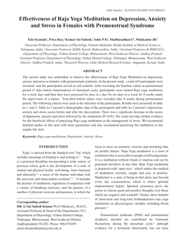 Effectiveness of Raja Yoga Meditation on Depression, Anxiety and Stress in Females with Premenstrual Syndrome