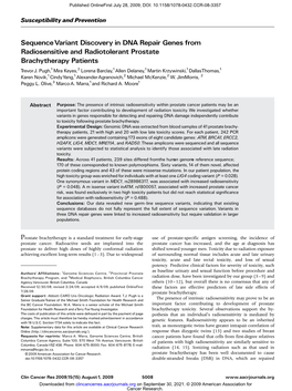 Sequence Variant Discovery in DNA Repair Genes from Radiosensitive and Radiotolerant Prostate Brachytherapy Patients Tr E V O R J