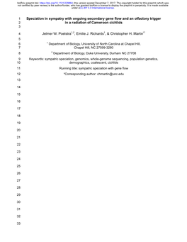 Speciation in Sympatry with Ongoing Secondary Gene Flow and an Olfactory Trigger 2 in a Radiation of Cameroon Cichlids 3