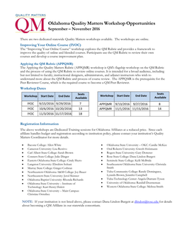 Oklahoma Quality Matters Workshop Opportunities September – November 2016