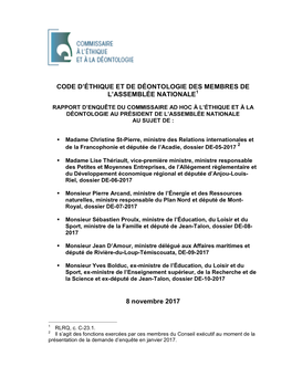 Code D'éthique Et De Déontologie Des Membres De L'assemblée Nationale