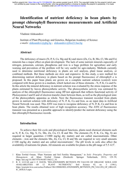 Identification of Nutrient Deficiency in Bean Plants by Prompt Chlorophyll Fluorescence Measurements and Artificial Neural Networks