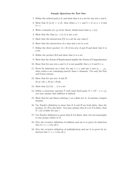 Sample Questions for Test One 1. Define the Ordered Pair〈A, B〉