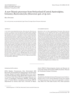 A New Triassic Pterosaur from Switzerland (Central Austroalpine, Grisons), Raeticodactylus Filisurensis Gen