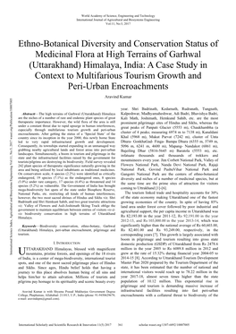 Uttarakhand) Himalaya, India: a Case Study in Context to Multifarious Tourism Growth and Peri-Urban Encroachments Aravind Kumar