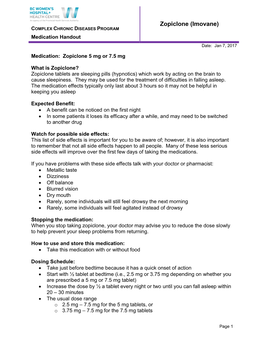 Zopiclone (Imovane) COMPLEX CHRONIC DISEASES PROGRAM Medication Handout Date: Jan 7, 2017