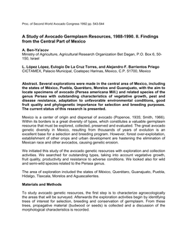 A Study of Avocado Germplasm Resources, 1988-1990. II. Findings from the Central Part of Mexico