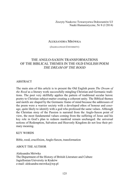 The Anglo-Saxon Transformations of the Biblical Themes in the Old English Poem the Dream of the Rood