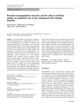 Potential Metapopulation Structure and the Effects of Habitat Quality on Population Size of the Endangered False Ringlet Butterﬂy