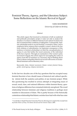 Feminist Theory, Agency, and the Liberatory Subject: Some Reflections on the Islamic Revival in Egypt1